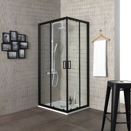 Cabină duș pe colț 70x70 cadru negru mat și sticlă 6 mm