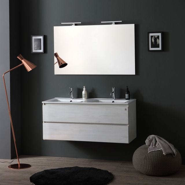 MOBILIER BAIE, 120 CM, STEJAR ALB, 2 SERTARE, LAVOAR DUBLU ȘI OGLINDĂ CU 2 LĂMPI LED | BERLIN