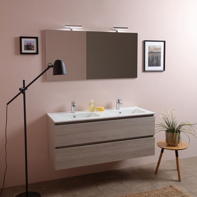 MOBILIER DE BAIE, 120 CM, STEJAR GRI DESCHIS, CU DOUĂ SERTARE ȘI LAVOAR DUBLU | BERLIN