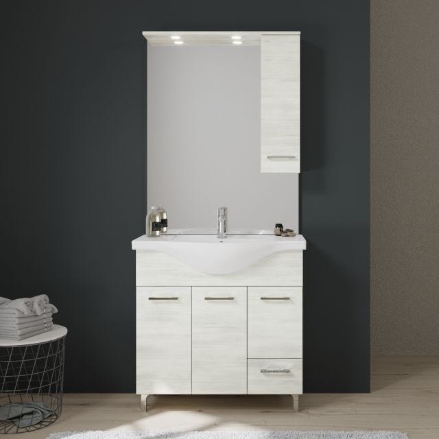 MOBILIER DE BAIE, CU PICIOARE, 85 CM ȘI DULĂPIOR CU OGLINDĂ CU LED, STEJAR ALB | RIMINI